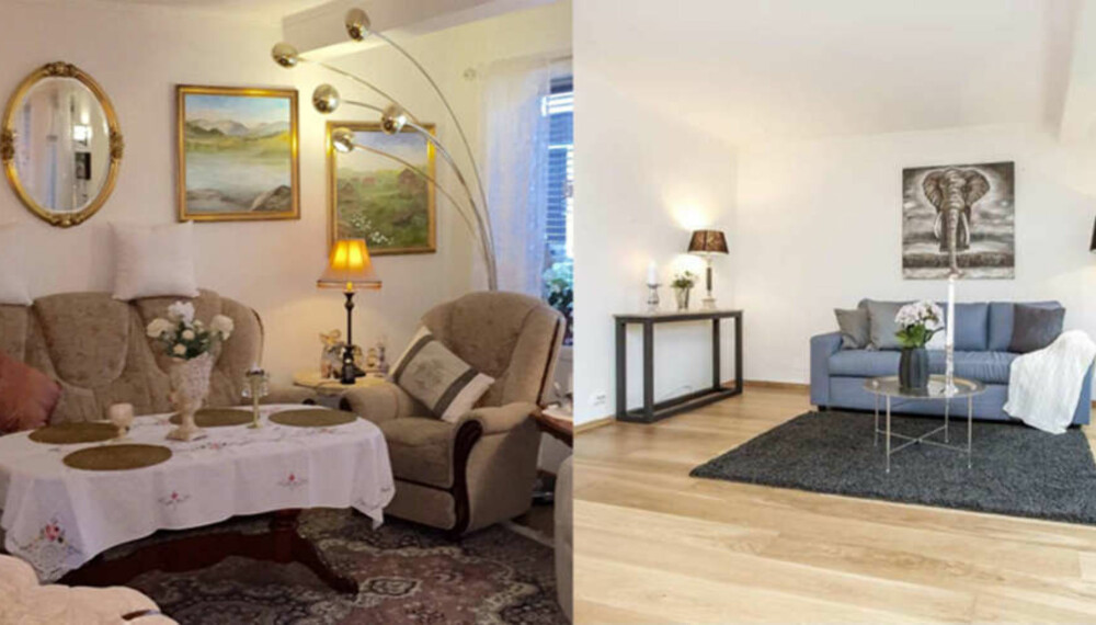 STYLE BOLIGEN FØR VISNING: Bildet viser før og etter styling av stuen. Ekspertene råder deg sterkt til å fjerne personlige gjenstander og bilder før visning. Foto: Din boligstylist STYLE BOLIGEN FØR VISNING: Bildet viser før og etter styling av stuen. Ekspertene råder deg sterkt til å fjerne personlige gjenstander og bilder før visning. Foto: Din boligstylist
