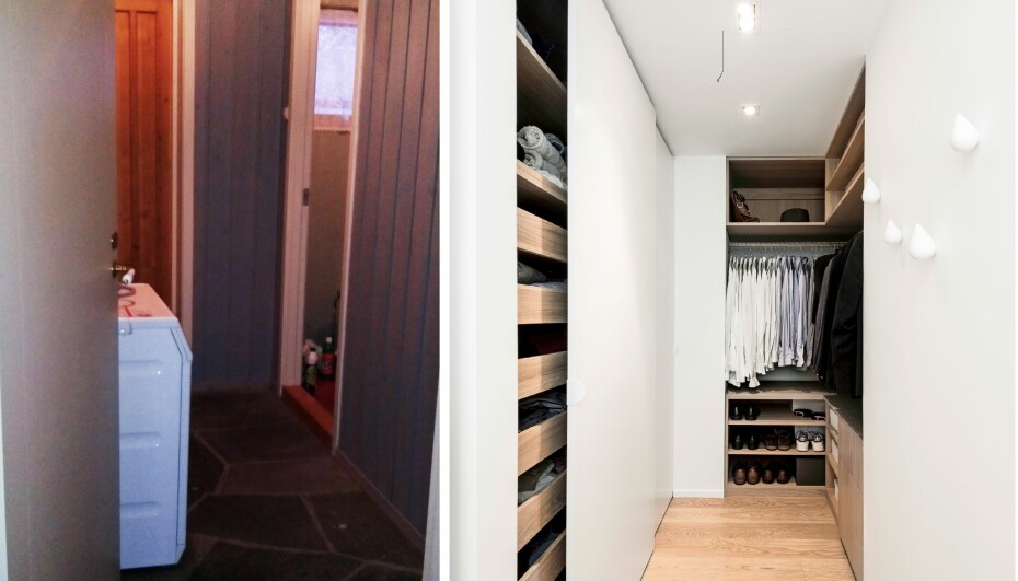 GARDEROBE OG BAD: Bildet til venstre viser gangen som nå har blitt til en garderobe i den nye hotellaktige suiten som også inneholder en soverom og et romslig bad. GARDEROBE OG BAD: Bildet til venstre viser gangen som nå har blitt til en garderobe i den nye hotellaktige suiten som også inneholder en soverom og et romslig bad.