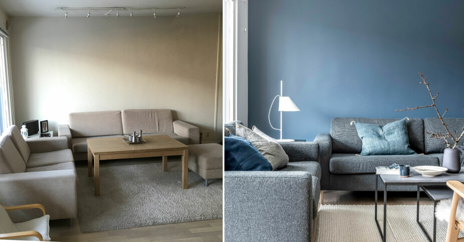 FØR OG ETTER: Møblene er plassert på samme måte som før, men forandringen er likevel stor. Sofagruppen og sofabordet er fra Bolia, gulvteppet fra Bohus og den hvite lampen i hjørnet er fra Louis Poulsen. FØR OG ETTER: Møblene er plassert på samme måte som før, men forandringen er likevel stor. Sofagruppen og sofabordet er fra Bolia, gulvteppet fra Bohus og den hvite lampen i hjørnet er fra Louis Poulsen.