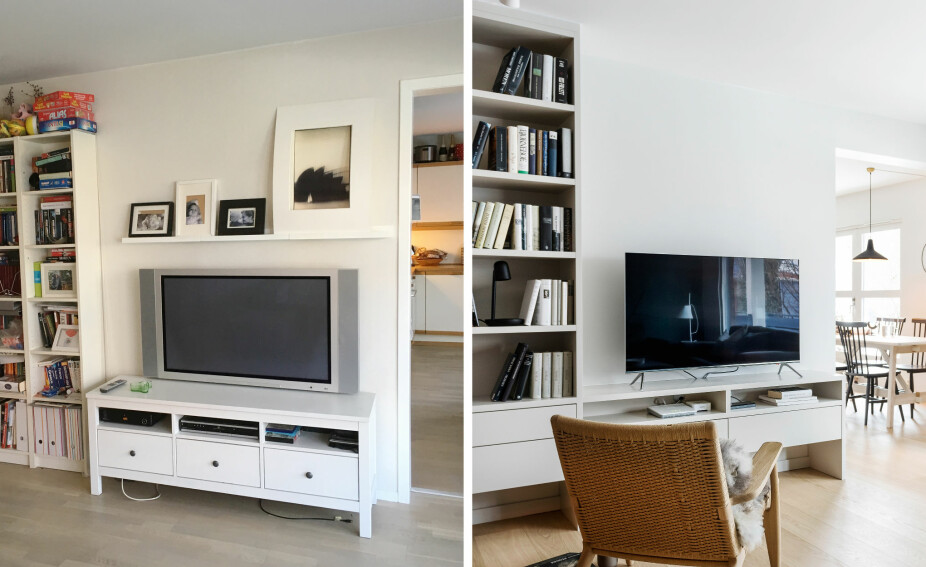 PLASSBYGD: Fremfor å innrede med ulike løse møbler, er det nå laget en plassbygd oppbevaringsløsning for bøker og tv. Møbelet er tilvirket av Elen Møbelstudio. Listverket rundt åpningen til kjøkkenet ble fjernet for å binde rommene mer sammen PLASSBYGD: Fremfor å innrede med ulike løse møbler, er det nå laget en plassbygd oppbevaringsløsning for bøker og tv. Møbelet er tilvirket av Elen Møbelstudio. Listverket rundt åpningen til kjøkkenet ble fjernet for å binde rommene mer sammen
