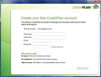 KONTO: Opprett din CrashPlan-konto ved første oppstart av programmet.