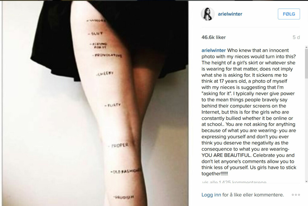 BLE SINNA: Ariel Winter la ut dette bildet og en lang tekst om hvorfor hun syns kommentarene hun fikk var idiotiske. BLE SINNA: Ariel Winter la ut dette bildet og en lang tekst om hvorfor hun syns kommentarene hun fikk var idiotiske.