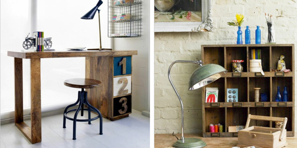 RØFF OG RUSTIKK: Skrivebord og hylle fra danske House Doctor vil tilføre hjemmekontoret den rette vintage looken. Begge deler forhandles gjennom nettbutikken Grahamandgreen.co.uk.