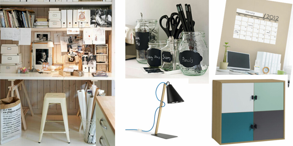 KULT KONTOR: Smarte tavlelapper holder orden i sakene, kan bestilles på Notonthehighstreet.co.uk. Klistemerkekalender fra etsy.com. Skrivebordlampe og hylle fra Bolia.