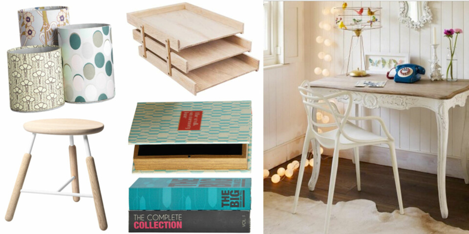 SMARTE SMÅTING: Penneholder fra Bolina, papirholder fra Designdelicatessen.dk, krakk fra Bodieandfou.co.uk, og bok med skjult oppbevaring fra Nordhjem.