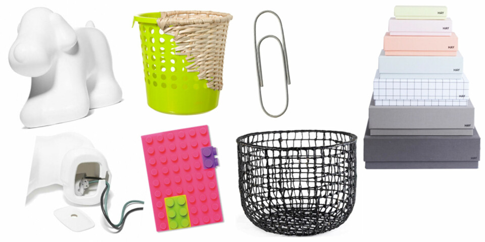 FARGEFEST: Ledningskjuler formet som en hund fra Designdelicatessen.dk, fargerik kurv fra Designdelicatessen.dk, notatbok fra Bolina, binders til å henge ting på fra Bolina, sort kurv fra Bolia og oppbevaringsbokser fra Hay hos Designdelicatessen.dk.
