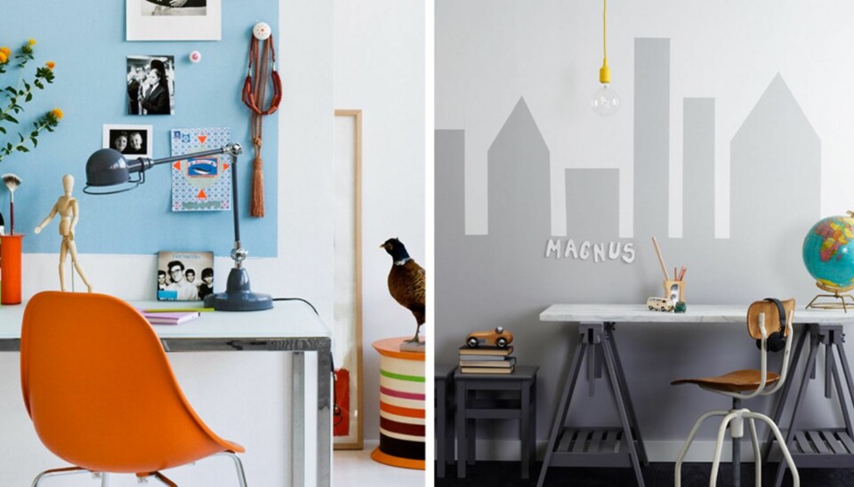 TØFFE LØSNINGER: Mal en oppslagstavle på veggen, som ved denne arbeidsplassen.  Den urbane utsikten på bildet ved siden av gjør seg på ungdomsrommet eller på et annet rom. Byen er laget ved hjelp av maskeringstape. Eieren har fått navnet sitt skrevet med trebokstaver på veggen. Veggen er malt med fargekodene 9915 morgendis og 9911 nøytral fra Jotun.