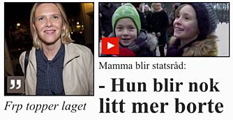 "MAMMA BLIR STATSRÅD": - Når ministerposter skal deles ut er det derfor et poeng for avisene å understreke hvor mange barn de kvinnelige ministerne har og hvem de er gift med, skriver Madeleine Schultz. "MAMMA BLIR STATSRÅD": - Når ministerposter skal deles ut er det derfor et poeng for avisene å understreke hvor mange barn de kvinnelige ministerne har og hvem de er gift med, skriver Madeleine Schultz.