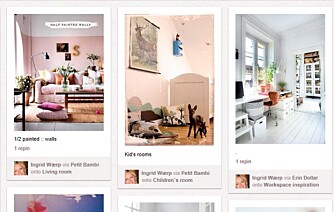 SLIK KOMKMER DU IGANG PÅ PINTEREST: Pinterest er en genial nettside der du kan samle og organisere bilder av ting du liker i kategorier. Du lager et digitalt moodboard med bildene dine. Andre kan følge det du legger ut, og du kan følge andre. Moodboards fra 12 millioner brukere ligger for dine føtter, så her finner du inspirasjon i alle tenkelige kategorier innen interiør. Er du ikke allerede på pinterest, kan du gjøre følgende for å komme i gang: Opprett en konto på pinterest.com, registrer deg, opprett ditt eget board og velg fem boards du vil følge. Legg ut bilder, eller velg bilder fra andre ved å «repinne» bildene til ditt eget moodboard. SLIK KOMKMER DU IGANG PÅ PINTEREST: Pinterest er en genial nettside der du kan samle og organisere bilder av ting du liker i kategorier. Du lager et digitalt moodboard med bildene dine. Andre kan følge det du legger ut, og du kan følge andre. Moodboards fra 12 millioner brukere ligger for dine føtter, så her finner du inspirasjon i alle tenkelige kategorier innen interiør. Er du ikke allerede på pinterest, kan du gjøre følgende for å komme i gang: Opprett en konto på pinterest.com, registrer deg, opprett ditt eget board og velg fem boards du vil følge. Legg ut bilder, eller velg bilder fra andre ved å «repinne» bildene til ditt eget moodboard.