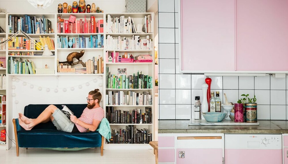 FARGESTEMT: Pär Ottosson i biblioteket, der bøkene er fargestemt. Det rosa kjøkkenet var hans idé. FOTO: Jenny Brandt