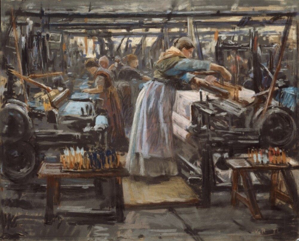 LOT BARNA VÆRE HJEMME: Ettersom industrialiseringen skjøt fart på 1800-tallet, tok også mange kvinner fabrikkarbeid. Her er "Fra Hjula Veveri", av Wilhelm Peters (1886)