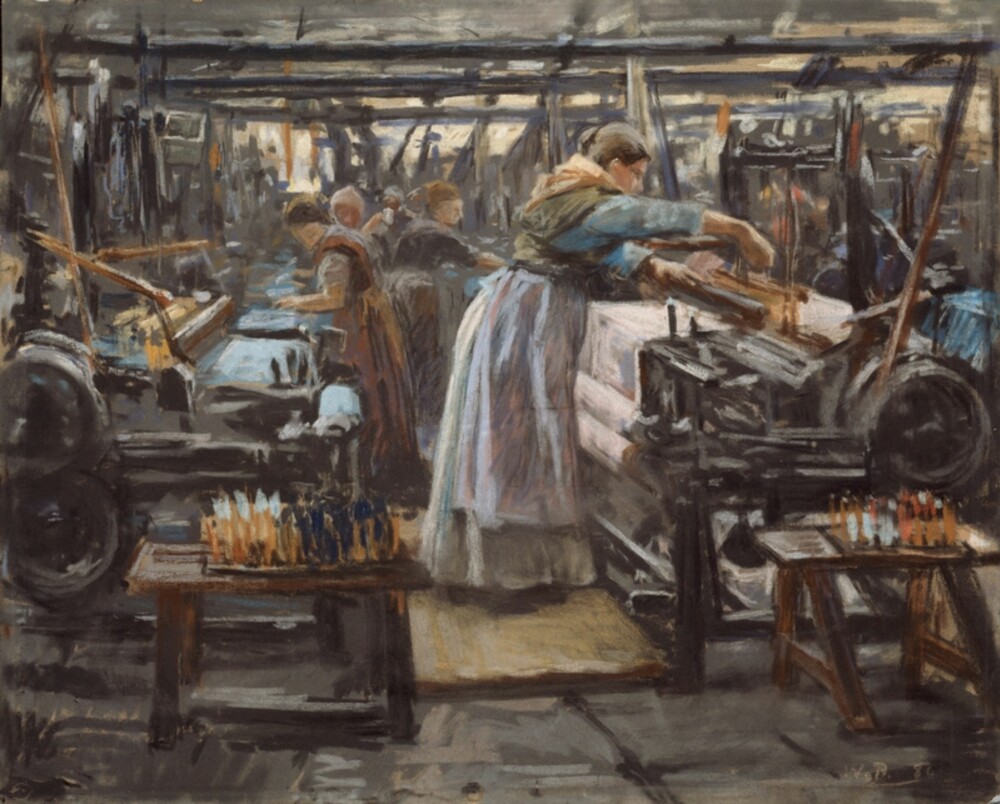 LOT BARNA VÆRE HJEMME: Ettersom industrialiseringen skjøt fart på 1800-tallet, tok også mange kvinner fabrikkarbeid. Her er "Fra Hjula Veveri", av Wilhelm Peters (1886) LOT BARNA VÆRE HJEMME: Ettersom industrialiseringen skjøt fart på 1800-tallet, tok også mange kvinner fabrikkarbeid. Her er "Fra Hjula Veveri", av Wilhelm Peters (1886)