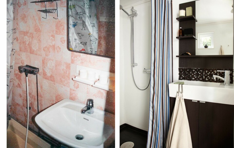 FØR OG ETTER: Dette gamle badet fra 1986 skrek etter en fornyelse. Eieren ville pusse opp så billig som mulig. Vegger og gulv fikk nytt gulvbelegg og baderomsmøbelet er kjøpt på Ikea.