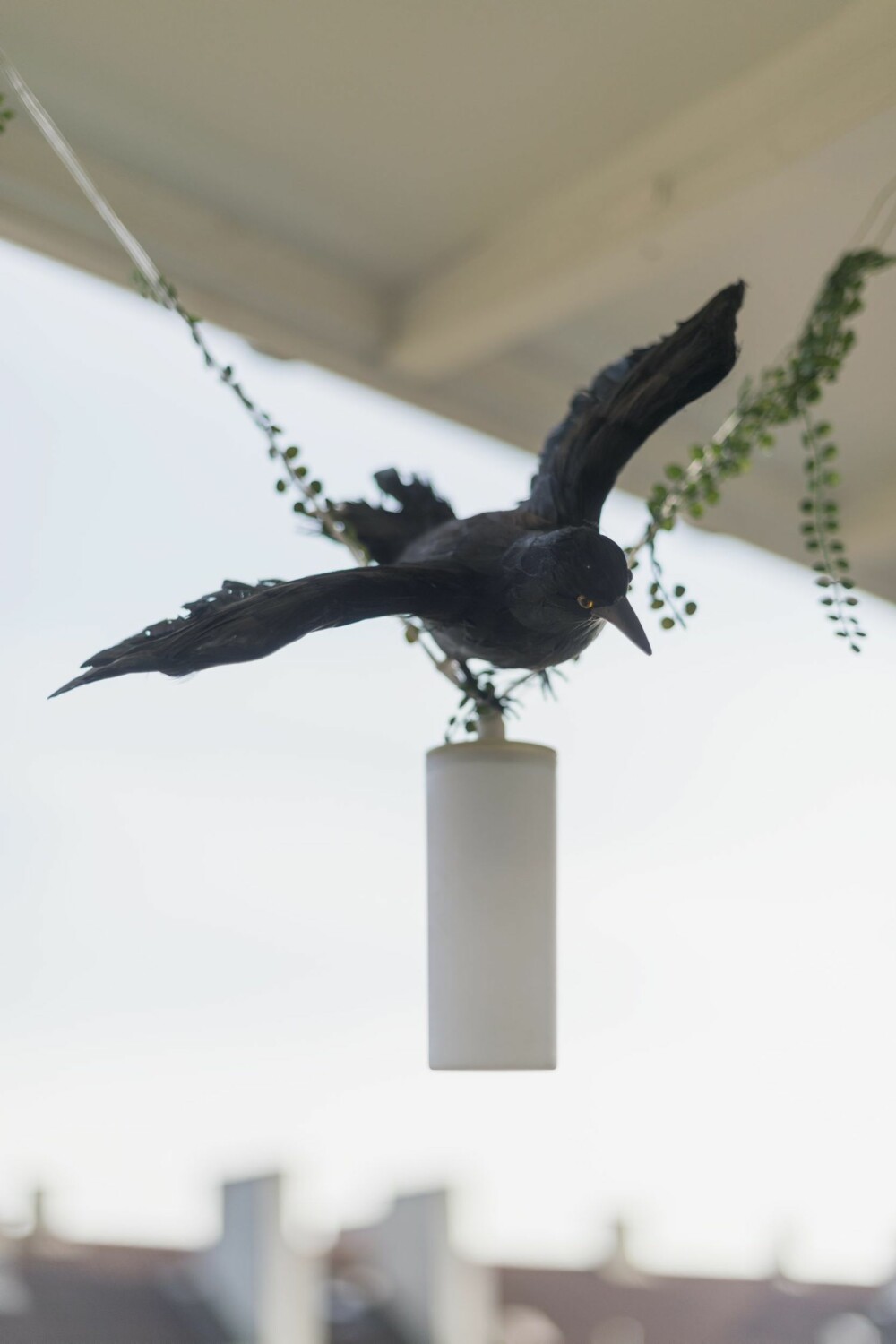 ET BLIKKFANG: Fuglen i plast får bo på balkongen i sommerhalvåret.