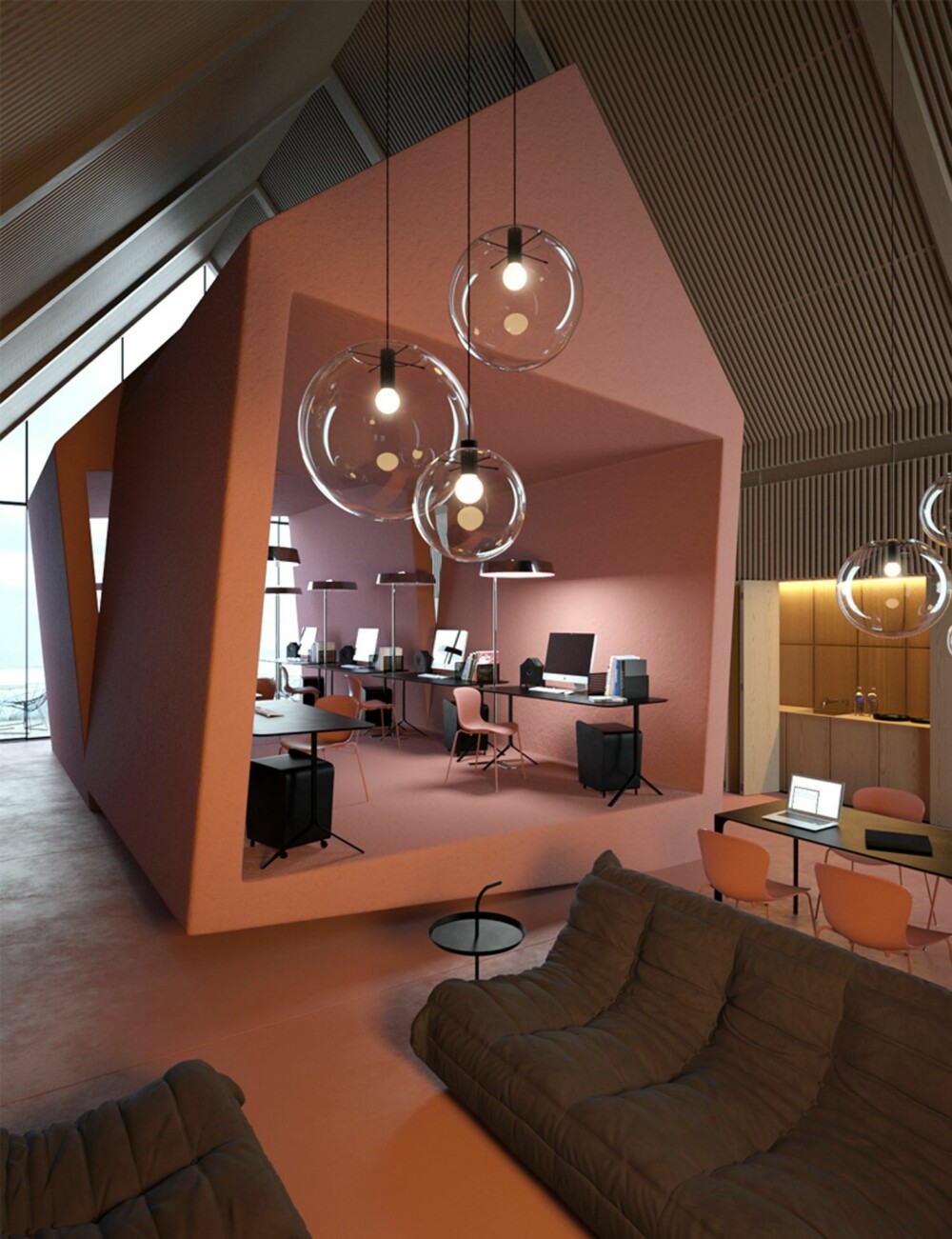 ROM I ROMMET: Arkitektene har valgt en annerledes inndeling av rommet for å skape et artig arbeidsmiljø.
