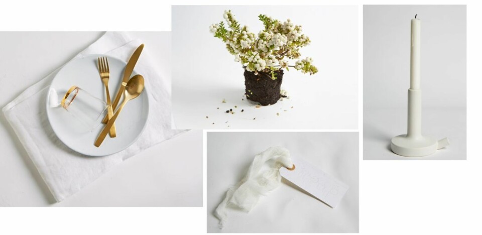 HVIT OG METALL: Hvit tallerken, kr 98, Country Chic, hvit linduk, kr 399, og glass, kr 40, begge fra H&M Home. Messingbestikk; kniv, kr 98, gaffel og skje, kr 69 pr. stk., Ting, og hvit lysestake, kr 199, Bolina.