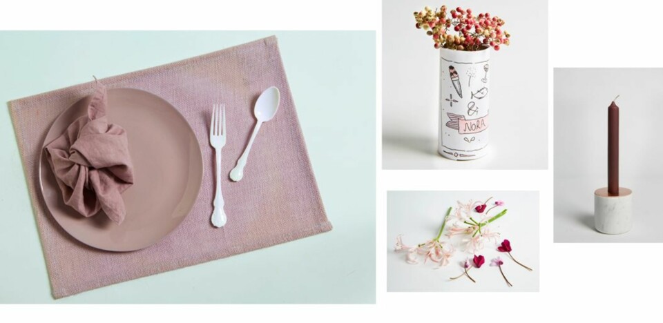 ROSA, BURGUNDER OG KOBBER: Rosa keramikktallerken, kr 450, eskeinterior.no, rosa spisebrikke, kr 119, Traktøren, og rosa linserviett,
kr 50, H&M Home. Plastbestikk fins i mange
interiørbutikker, sånn som Søstrene Grene, Traktøren og
Kid Interiør. Lysestake i marmor og kobber fra
Menu, kr 519, Bolina.