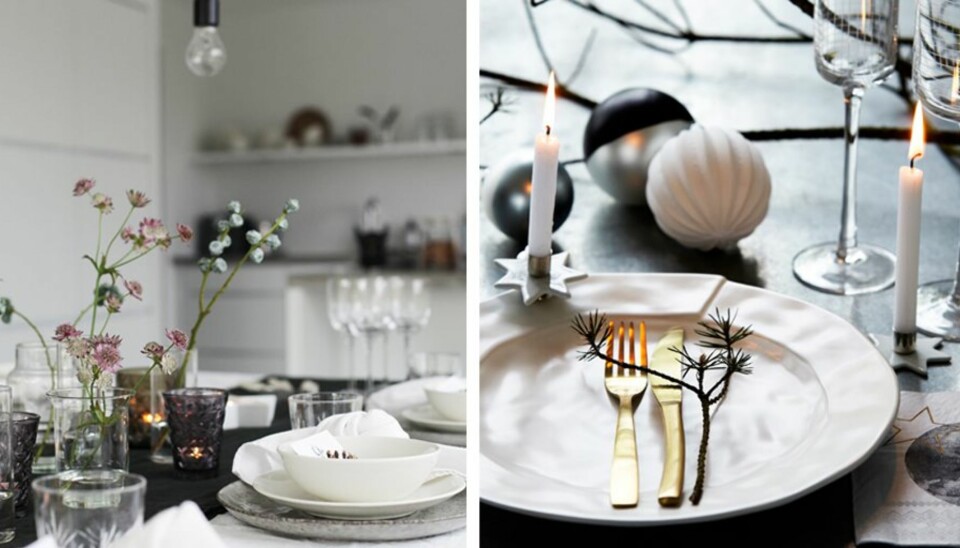 FESTSTEMNING: Med enkle grep sikrer du god stemning rundt festbordet. På bildet til venstre er det brukt vakre blomster i små vaser, og små glass for telys, for å skape hygge rundt festbordet. På bildet til høyre er det brukt gullfarget bestikk og en liten kvist.
FOTO: Elisabeth Heier-Werner