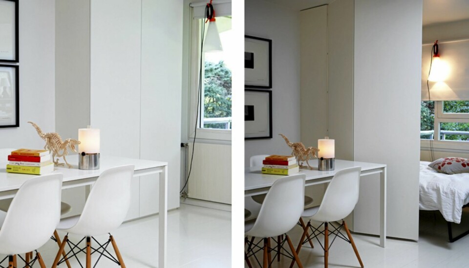 SKAPSENG: Alt som skal til for å trylle fram sengen er å åpne døren og vippe ned sengen. Døren til skapsengen er leddet med pianohengsel og blir skillevegg når sengen er nede.