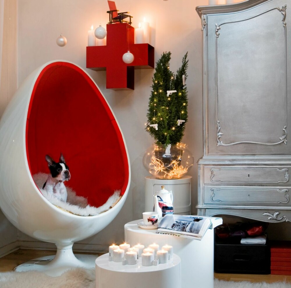 RØDT OG HVITT: Plastbusken er pyntet med små julelys fra Nille, og hvite porselenspistoler og biler fra Eske. Hunden Valdemar sitter i stolen fra Eske. Bordene er fra Living. Korset på veggen er en CD-hylle fra Eske. De hvite kulene i taket er fra Åhléns og er festet med dobbeltsidig teip. Skapet er kjøpt på Sinsen Brukthall og malt med sølvfarge. RØDT OG HVITT: Plastbusken er pyntet med små julelys fra Nille, og hvite porselenspistoler og biler fra Eske. Hunden Valdemar sitter i stolen fra Eske. Bordene er fra Living. Korset på veggen er en CD-hylle fra Eske. De hvite kulene i taket er fra Åhléns og er festet med dobbeltsidig teip. Skapet er kjøpt på Sinsen Brukthall og malt med sølvfarge.