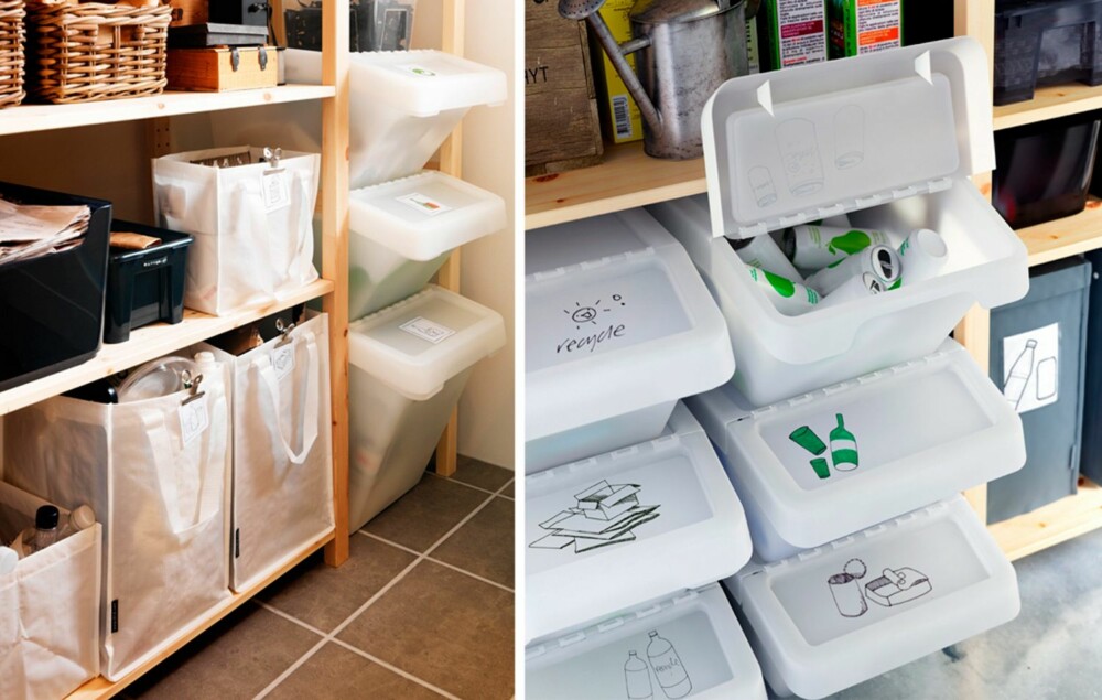 OVERSIKTLIG: Plastkasser eller tøyposer kan plasseres i hyller på kontoret eller i boden. Markerer du plastkassene får du bedre oversikt.