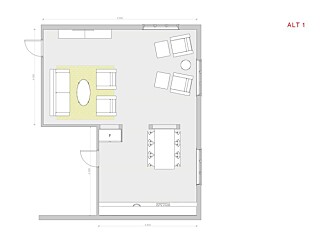 Alternativ 1: Åpent mellom rommene, men med en en romdelende hyllevegg og klar funksjonell deling mellom kjøkken og stue.