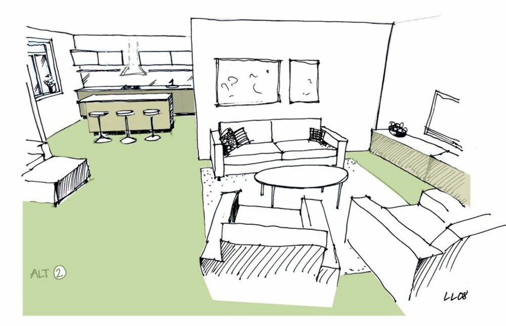 Alternativ 2: En halvvegg deler rommet i to soner. Kjøkkenøya skjermer kjøkkenet mot direkte innsyn.