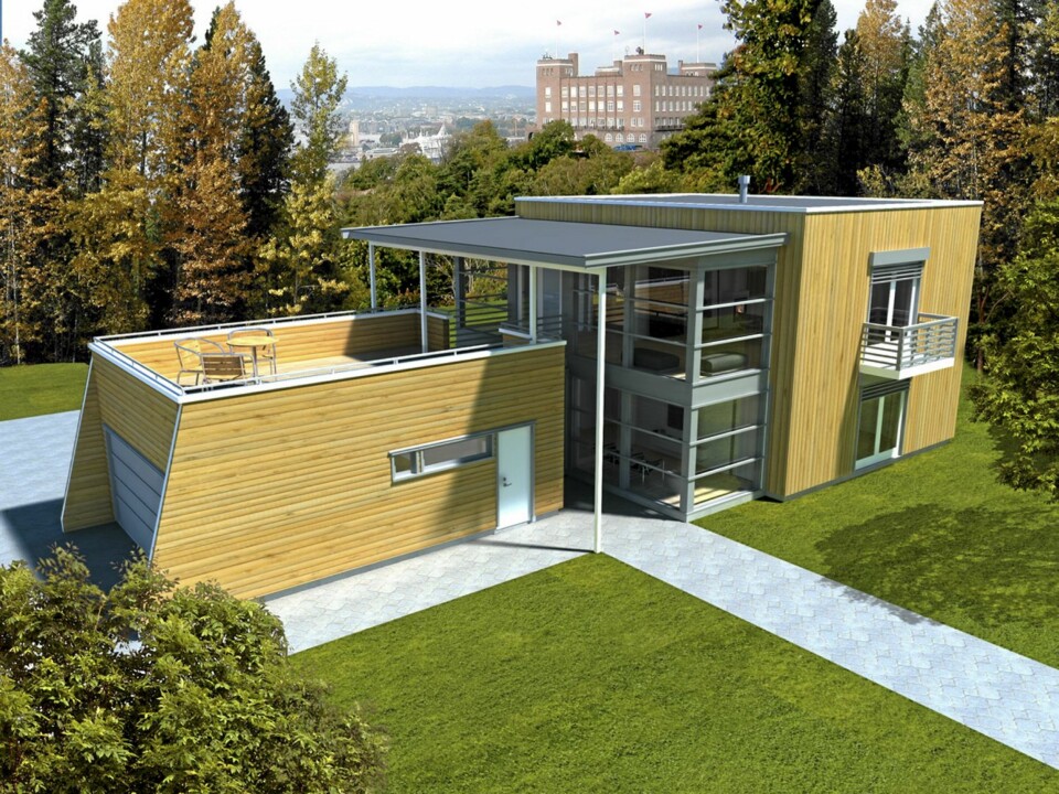 Terrasse over garasje. 'Stavanger' er en en tøff kompaktbolig med arealeffektive løsninger. Pris 2,4 mill kr /172 kvm. Arkitekt Eyolf Angell-Eriksen