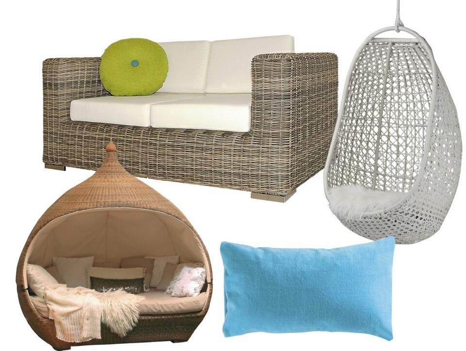 2-seter sofa, bredde 150 cm, dybde 90 cm, høyde 67 cm, sittehøyde 45 cm, kr 5990, fra Wakeupliving.no. Grønn pute fra Hay, kr 599, HvitTråd. Nirvana dagseng fra TGI, dybde 140 cm, bredde 200 cm, høyde 190 cm, kr 29 990, Hus&Hage. Ipanema Hanging Chair i polyrotting, 80 x 170 cm, kr 5990 inkl. sittepute, Hus&Hage.