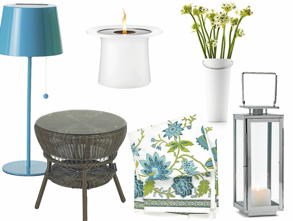 Solvinden solcelledrevet bordlampe, kr 229, fra Ikea. Lyslykt, høyde 7 cm, kr 249, fra Eva Solo. Vase med hank, høyde 27 cm, kr 399, fra Eva Solo. Stormlykten Lanto, høyde 43 cm, kr 599, fra Bolia. Sidebordet Nøtterøy i brunmelert plastrotting, diameter 50 cm, høyde 56 cm, kr 1095, fra Skeidar. Saphir duk i bomull, 150 x 250 cm, kr 249, fra Indiska.