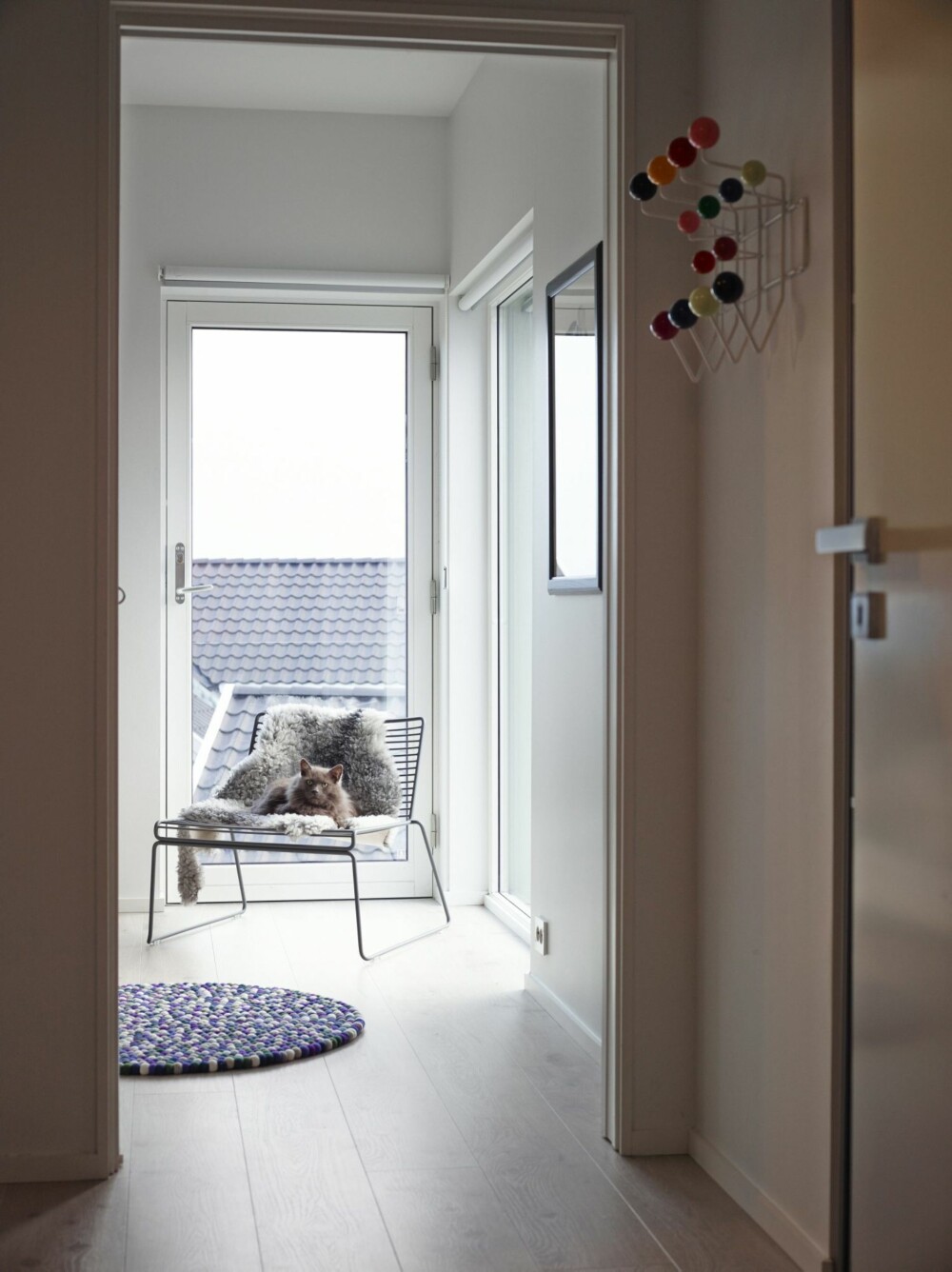LEKRE DETALJER: I gangen inn til hovedsoverommet, henger klassikeren Hang it all fra Vitra. Pus slapper av i Hee Dining Chair fra Hay, teppet Pinocchio er også fra Hay. Bak stolen ses utgangen til den
franske balkongen. Gelenderet i glass lar lyset strømme fritt inn. LEKRE DETALJER: I gangen inn til hovedsoverommet, henger klassikeren Hang it all fra Vitra. Pus slapper av i Hee Dining Chair fra Hay, teppet Pinocchio er også fra Hay. Bak stolen ses utgangen til den
franske balkongen. Gelenderet i glass lar lyset strømme fritt inn.