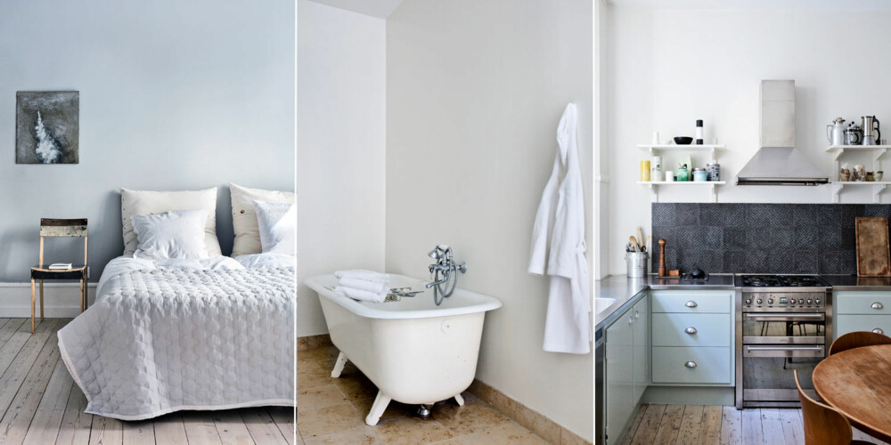 ENKELT: Til venstre: Foreldresoverommet ligger i den tidligere stuen, Med sengeteppe fra Hay og store puter kan dørene gjerne stå åpne. Fargen Lamp Room Gray fra Farrow & Ball pryder veggene. Midten: På badet er det badekar i tillegg til dusj. Flisene på gulvet er laget av kalkstein. Malte fronter. Til høyre: Kjøkkeninnredningen var i leiligheten da familien flyttet inn, men alle frontene ble malt i fargen Light Blue, og veggen ble malt i Strong White, begge fra Farrow & Ball. Flisene over benken er fra Made a Mano. ENKELT: Til venstre: Foreldresoverommet ligger i den tidligere stuen, Med sengeteppe fra Hay og store puter kan dørene gjerne stå åpne. Fargen Lamp Room Gray fra Farrow & Ball pryder veggene. Midten: På badet er det badekar i tillegg til dusj. Flisene på gulvet er laget av kalkstein. Malte fronter. Til høyre: Kjøkkeninnredningen var i leiligheten da familien flyttet inn, men alle frontene ble malt i fargen Light Blue, og veggen ble malt i Strong White, begge fra Farrow & Ball. Flisene over benken er fra Made a Mano.