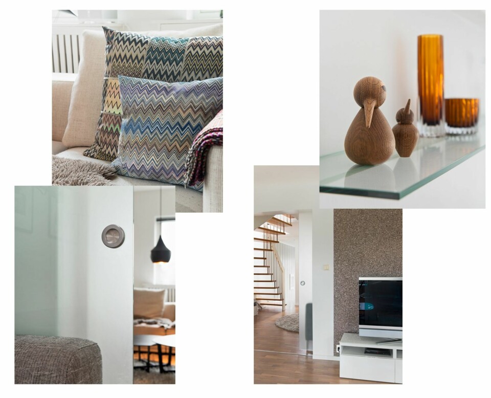 ØVERST FRA VENSTRE: MYKE TEKSTILER: Stuen fikk en stor og myk sofa fra Baseline. Skinnfellen og Missoni-putene understreker stilen. GLASS FOR DESIGN: I den nye lettveggen i stuen ble det tegnet inn en hylle. Eva liker designting og her får de stå fremme. De hyggelige trefuglene Bird er designet av danske Kristian Vedel. MOBILT SKILLE: Skyvedøren Dorma i frostet glass er fra Okside. Den har feste for u-beslag i toppkant. Styreskinnen på gulvet sitter inne i veggen, dermed slipper man listen i døråpningen. SKINNENDE TAPET: Veggen ut mot hallen fikk et glitrende steintapet, AKA 3004 fra Omexco. Det er plassert midt på veggen.
