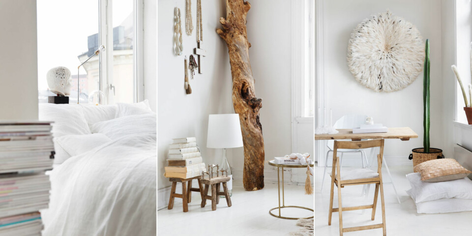 NATURLIG DESIGN: Til venstre: Sengen bader i lys fra alle kanter. Sengetøy og overkast i lin fra butikken Merci i Paris. Midten: Mot en lys base fungerer det godt å bringe inn naturmaterialer som tre, skjell og lin for å skape varme. Til venstre: Den flotte juju-hatten, laget av hønsefjær, er et av Tines nyeste innkjøp. Den lages i Kamerun og bidrar til lokale arbeidsplasser. Opprinnelig ble slike hatter brukt i begravelses-seremonier. Bordplaten er vintagetre fra Kina, bukkene er fra Ikea. Klappstolene i tre er gamle teaterstoler fra Barcelona, hvite stoler fra Ligne Roset. Linputer fra Milla Boutique, skinnpute fra Senze of Joy. Krukke i tre fra Anouska. Lysestake av ren stearin fra Maison Martin Margiela.