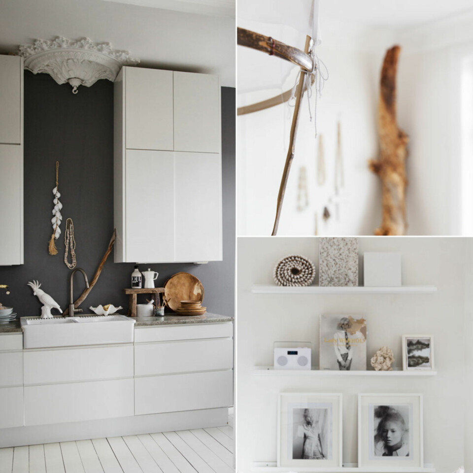 NATURLIG: Til venstre: En mørk kontrastvegg fremhever takrosetten. Kjøkkeninnredning fra Ikea med fronter fra Studio 10. Benkeplate i granitt. Papegøye fra Milla Boutique. Øverst til høyre: taklampe fra Ay Illuminate. Nederst til høyre: Bildelister på veggen gjør det enkelt å variere uttrykket ved å bytte om på gjenstander og bilder.