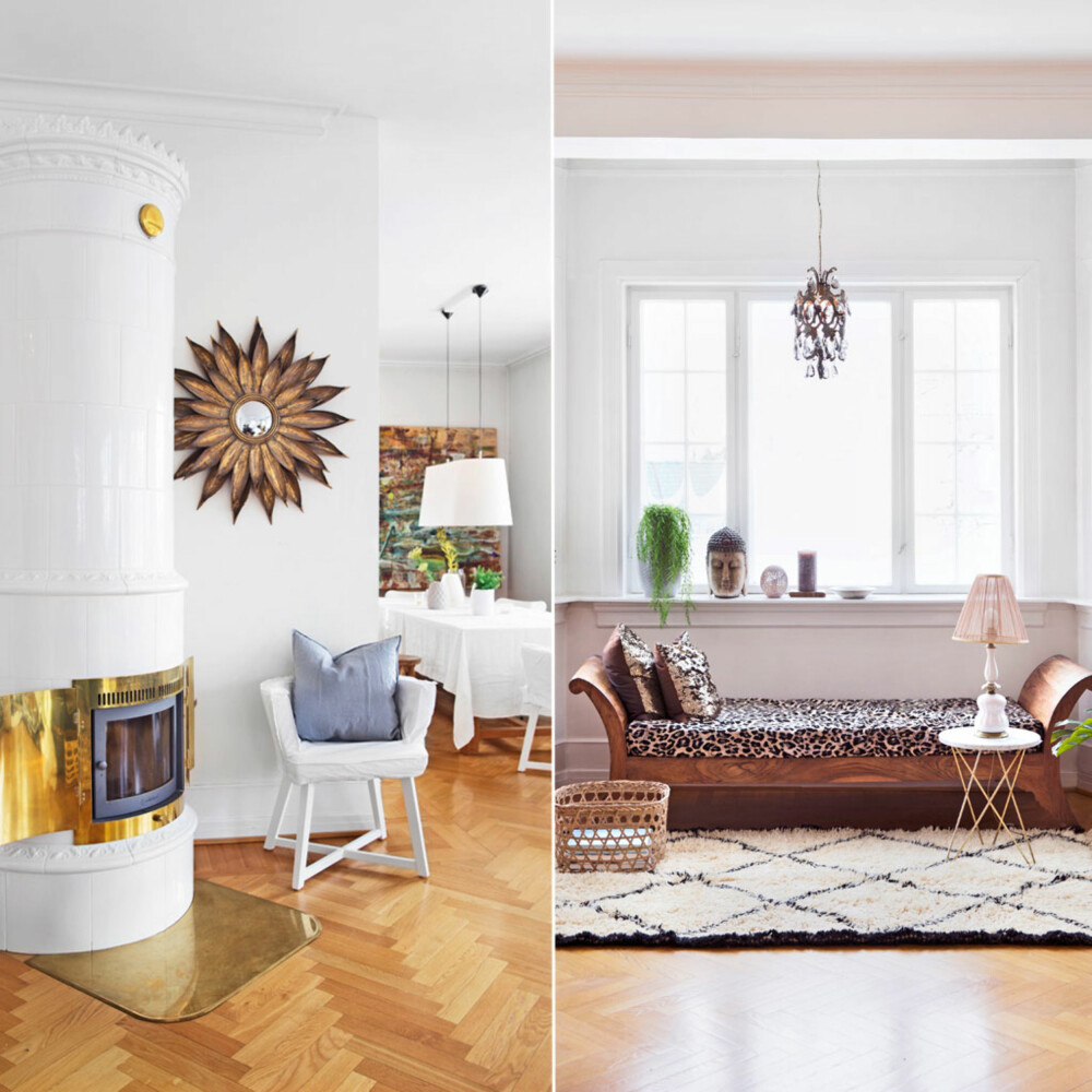 STEMNING I STORBYHUS: Kakkelovnen ble kjøpt i Sverige, og brukes på ekstra kalde vinterdager. Solspeilet er fra Milla Boutique. Til høyre vises hvilekroken i karnappet mellom stuen og spisestuen. Sjeselongen i sandeltre er fra Marokko. Det samme er Benouir-gulvteppet fra Bolina. Rundt bord, Ox, fra Bolina. Gulvkrukke med eviggrønne blader fra Shishi. Lysekronen er et bruktfunn. STEMNING I STORBYHUS: Kakkelovnen ble kjøpt i Sverige, og brukes på ekstra kalde vinterdager. Solspeilet er fra Milla Boutique. Til høyre vises hvilekroken i karnappet mellom stuen og spisestuen. Sjeselongen i sandeltre er fra Marokko. Det samme er Benouir-gulvteppet fra Bolina. Rundt bord, Ox, fra Bolina. Gulvkrukke med eviggrønne blader fra Shishi. Lysekronen er et bruktfunn.