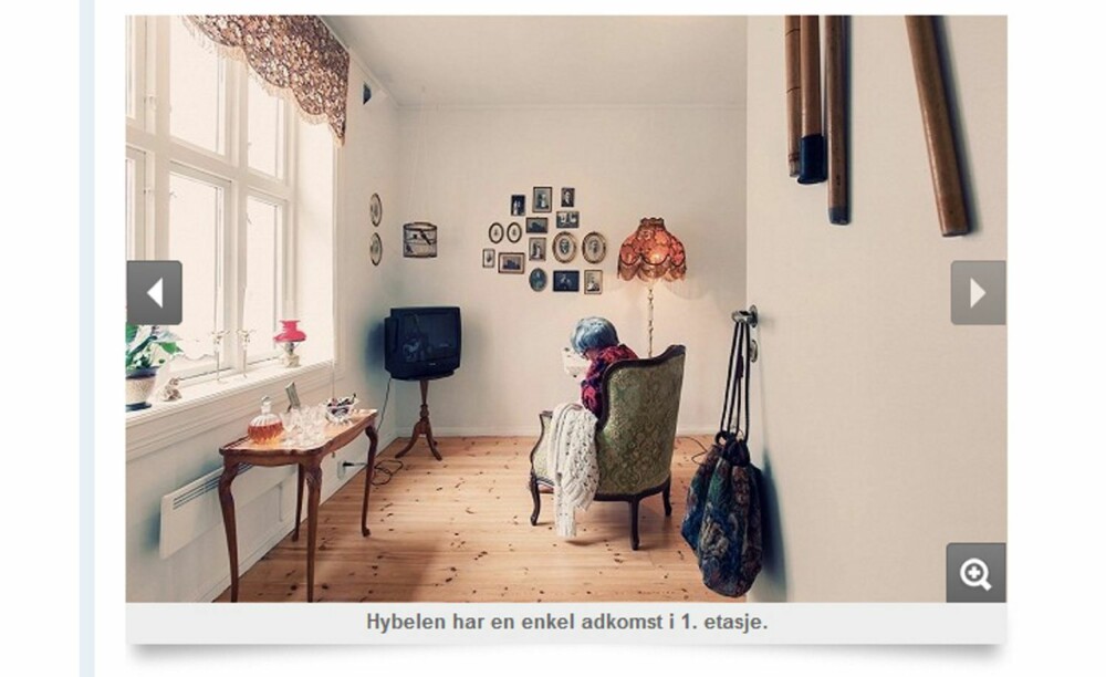 INGEN TVIL: "Hybelen har enkel adkomst," skriver megleren om leiligheten i Bøgata, og for å hamre inn poenget, er bildet stylet med en krokbøyd bestemor i stolen.