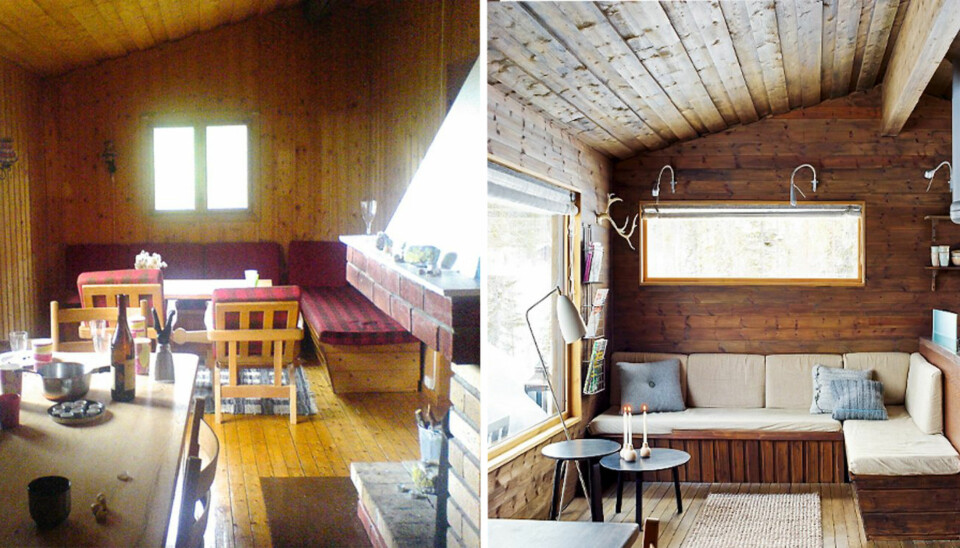 Bevarte den vel: Peis ble byttet til vedovn, ellers ble møblene gjenbrukt. Sofabenken har alltid stått der, men fikk et nytt trekk. Vinduene gir ekstra romfølelse slik at hytta føles lys og romslig.