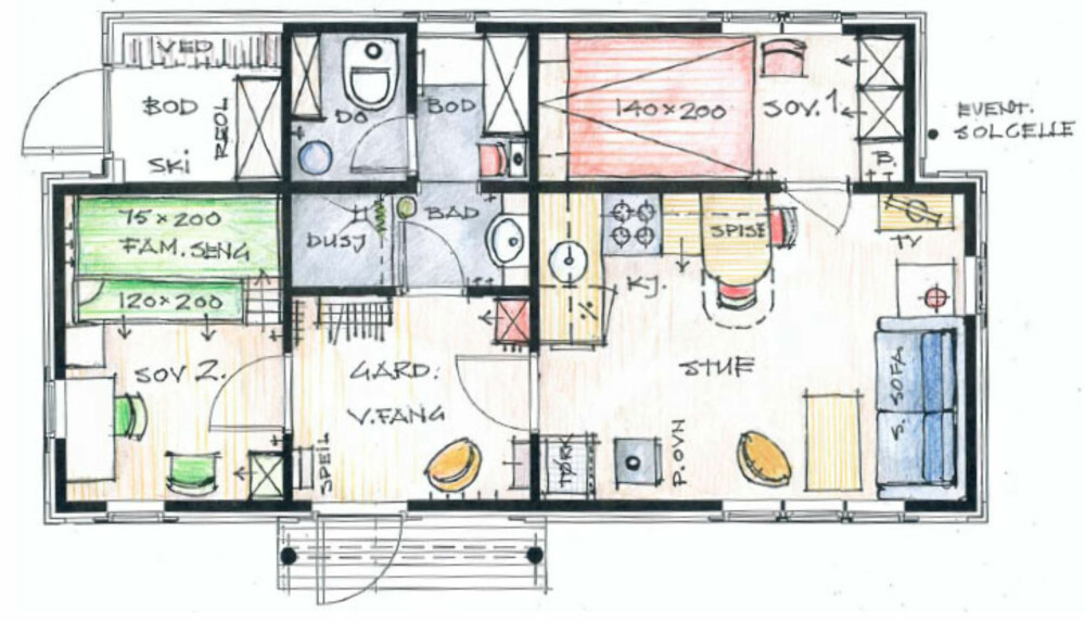 HYTTELIVSHYTTA: Her som 38 m2 inneholder stue/ kjøkkenkrok, garderobe/ vindfang, bad,do, bod, 2 soverom.