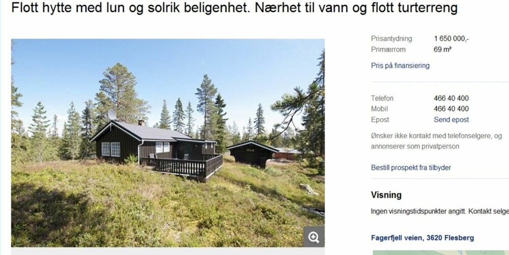 TIL SALGS: Hytte på Fagerfjell med tre soverom. Primærrom 69 kvm. Byggeår 1969. Prisantydning 1 650 000 kroner.