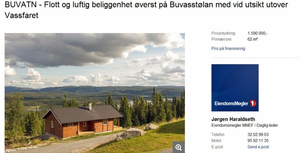 TIL SALGS: Hytte på Buvatn med tre soverom. Primærrom 62 kvm. Byggeår 2012. Prisantydning 1 590 000 kroner.