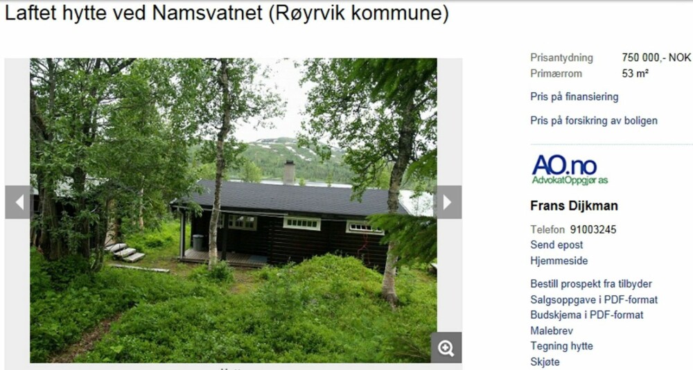 NYLIG RENOVERT: Laftet hytte ved Namsvatnet i Røyrvik kommune med utsikt mot Namsvatn, Børgefjell Nasjonalpark og Steinfjellet. Primærrom 53 kvm. Byggeår 1981, renovert 1998. Prisantydning 750 000 kroner.