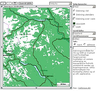SØK DEKNING: Operatørenes dekningskart gir deg en god pekepinn om hvor de "sorte hull" finnes. Dekning vist i grønt, kartutsnittet er fra Oppland fylke, fra Netcoms hjemmeside.