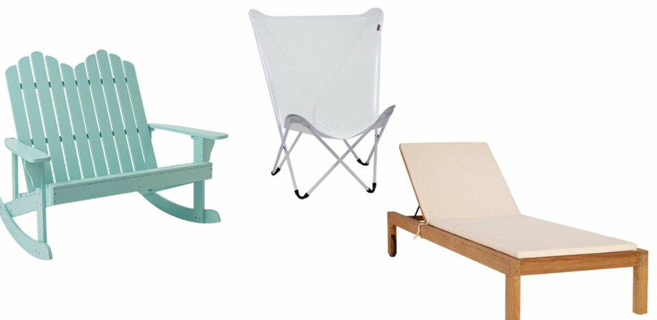 INNSLAG AV PASTELLFARGE: Gyngestol, kr 2699, Bloomingville, Lafuma Maxi Pop up stol, kr 425, designdelicatessen.no, og solseng, kr 6895, Habitat.