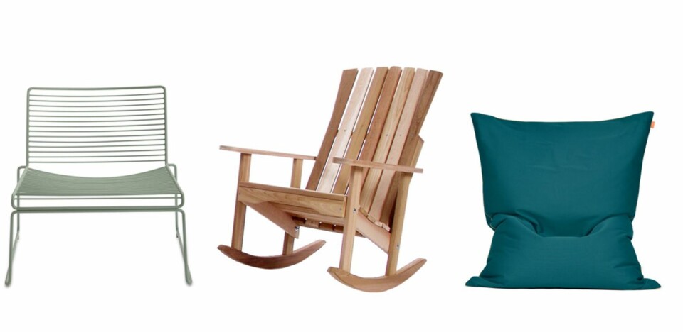 MIKS: Hee lounge chair fra Hay, kr 1799, lunehjem.no, Adirondack gyngestol i sedertre, kr 4499, Bolina, og sekkestol, 100 x 130 cm,
kr 3895, skagerak-denmark.dk.