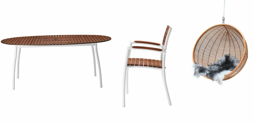 STILSIKKERT: Vindalsö bord, 182 x 100 cm, kr 1250, og stol, kr 445, Ikea. Solstol i bambus,120 x 60 x 63 cm, kr 1073, Broste.