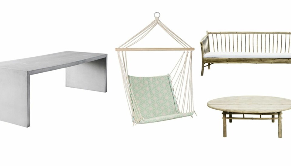 VARIERT: Brooklyn bord i betong fra Muubs fås i flere størrelser, pris fra kr 21 500 - 29 700, Woods. Hengestol, kr 649, Bloomingville, sofabenk, kr 5999, og bord, kr 2099, Bolina.