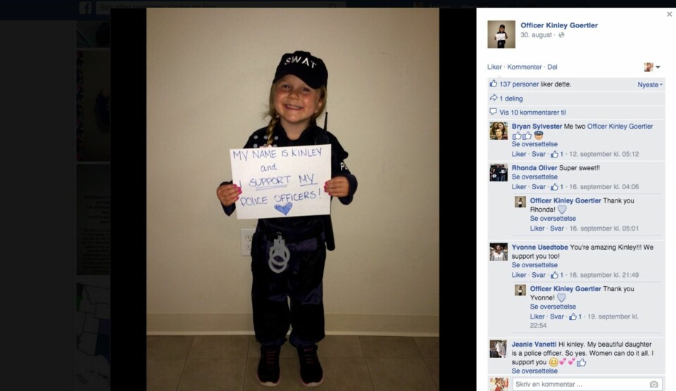 TØFF JENTE: Kinley Goertler poserer nå stolt i politikostymet hun kjøpte til Halloween.