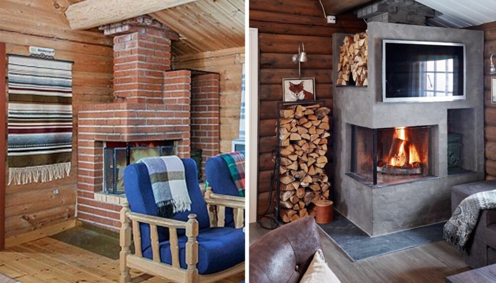 Pusset opp peisen: Den gamle teglsteinspeisen er egentlig ikke borte, men har fått en total makeover. Den er blitt noe større og mer moderne i et design hytteeierne selv har utformet. Pusset opp peisen: Den gamle teglsteinspeisen er egentlig ikke borte, men har fått en total makeover. Den er blitt noe større og mer moderne i et design hytteeierne selv har utformet.