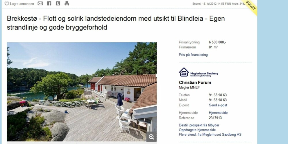 NUMMER ÅTTE: Denne fritidsboligen ligger pent til ved sjøen i Brekkestø utenfor Lillesand. Her får man en fin hytte med utsikt til Blindleia for 6,5 millioner kroner.